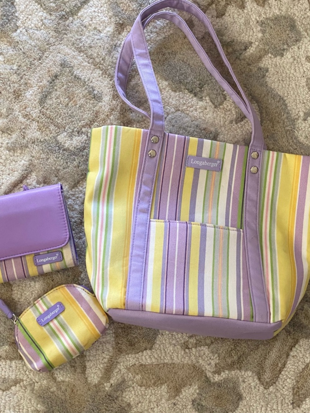 Longaberger Lavender and Yellow Striped Tote with Matching Accessories